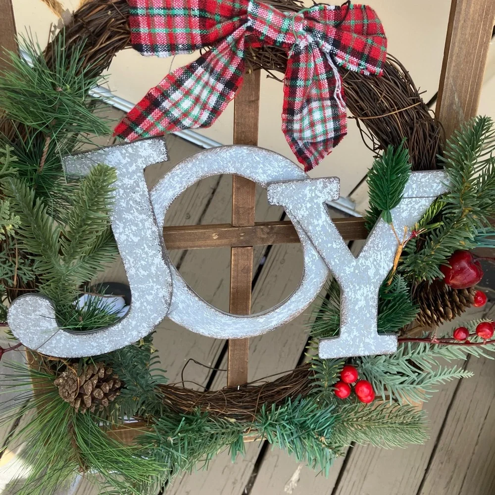 Rustic farmhouse Festive Joy Holiday Wreath with Red Accents